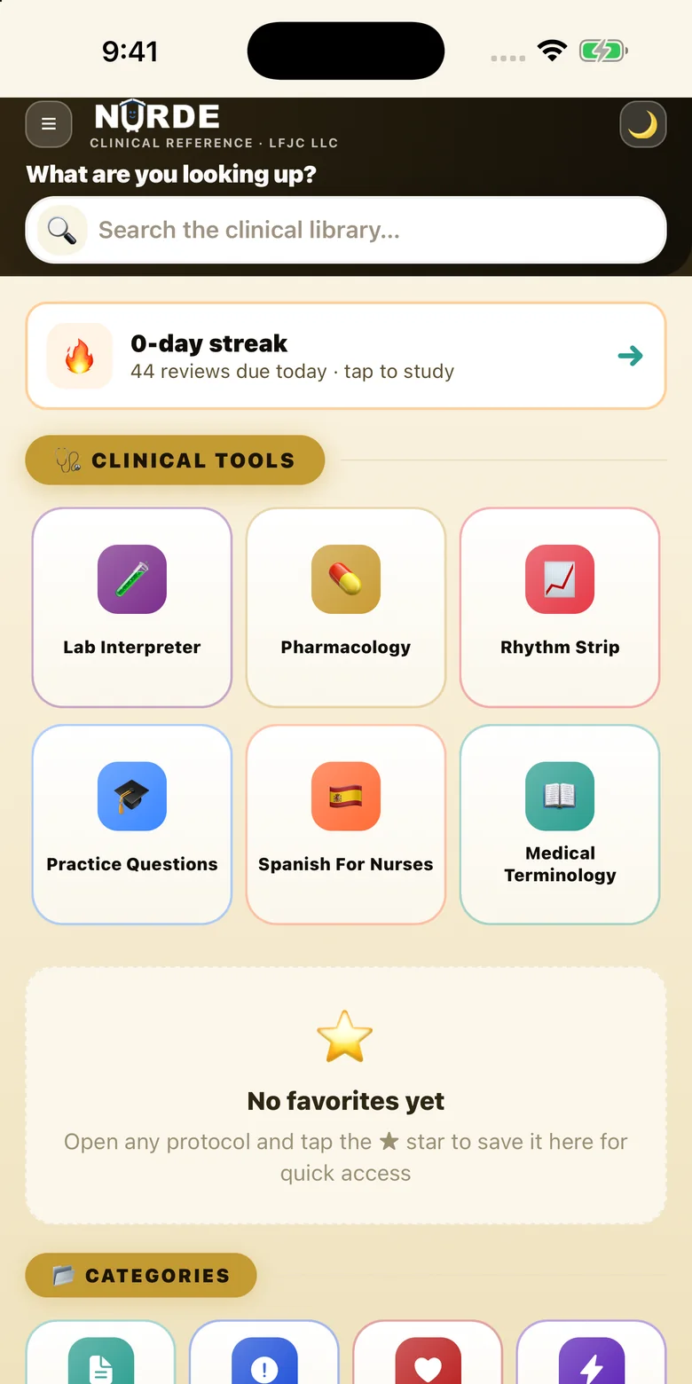 The NURDE home screen: “What are you looking up?” above a search field, a daily review card, the clinical tool tiles — Lab Interpreter, Pharmacology, Rhythm Strip, Practice Questions, Spanish for Nurses, and Medical Terminology — and the start of the category folder grid.